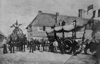 Waggons decorated for the Harvest Home parade on September 14th 1864. The Order of Proceedings required men to have a bouquet of three ears of wheat on their left breast. The procession was headed by the oldest labourers and the 
