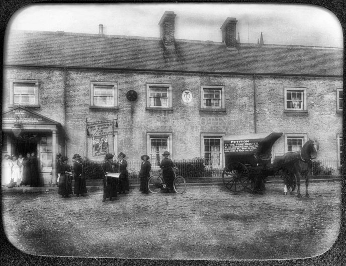 WOMEN'S MARCH, BLUE BELL BELFORD 1912 The women marchers outside the Blue Bell Hotel in Belford.
