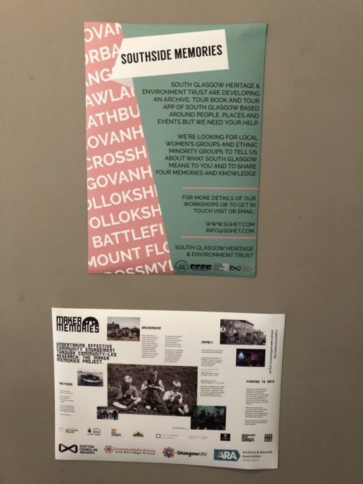 Participants were invited to submit posters to highlight their own community heritage projects. Two posters from South Glasgow Heritage & Environment Trust, and Maker Memories