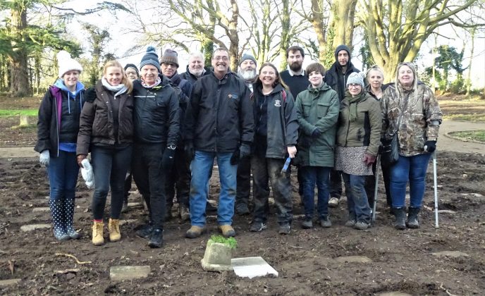 Leavesden volunteers in the cemetery Leavesden volunteers in the cemetery | Image courtesy of Leavesden Hospital History Association