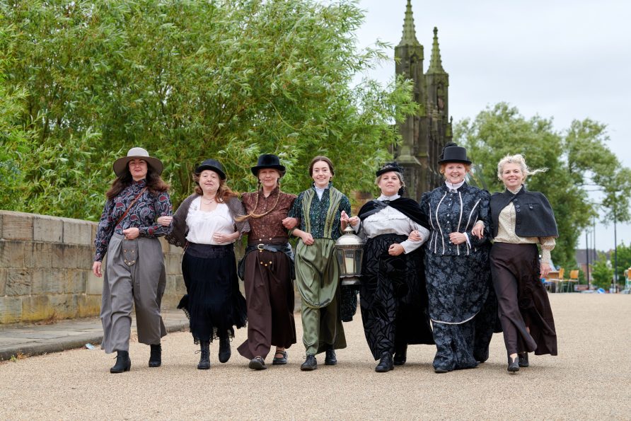 Group of women in period costume, celebrating The Abolitionists, Ann Hurst, Elizabeth Dawson & Sarah Parker Remond exhibition at Chantry Chapel Wakefield | Wakefield Council