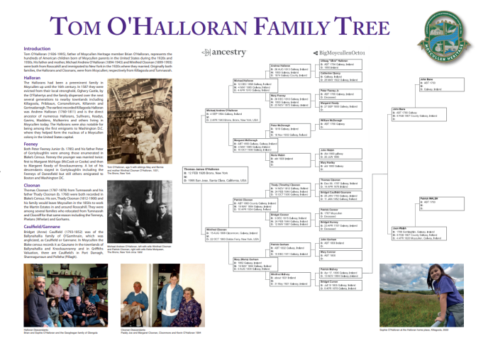 One of several family tree boards presented at the 2023 Genealogy Fair representing families found in Blake’s Census | Moycullen Heritage