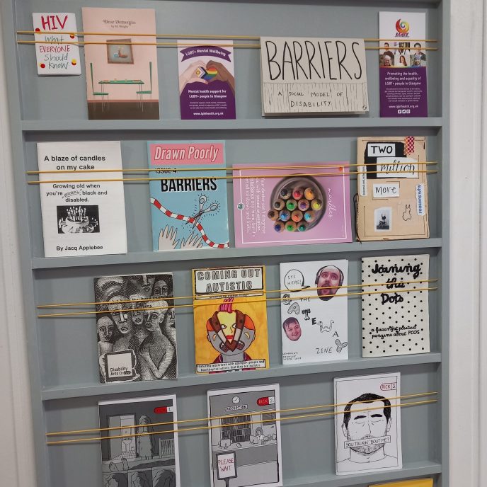 Barriers Collection display at the Glasgow Zine Library Barriers Collection display at the Glasgow Zine Library | Image courtesy of Glasgow Zine Library