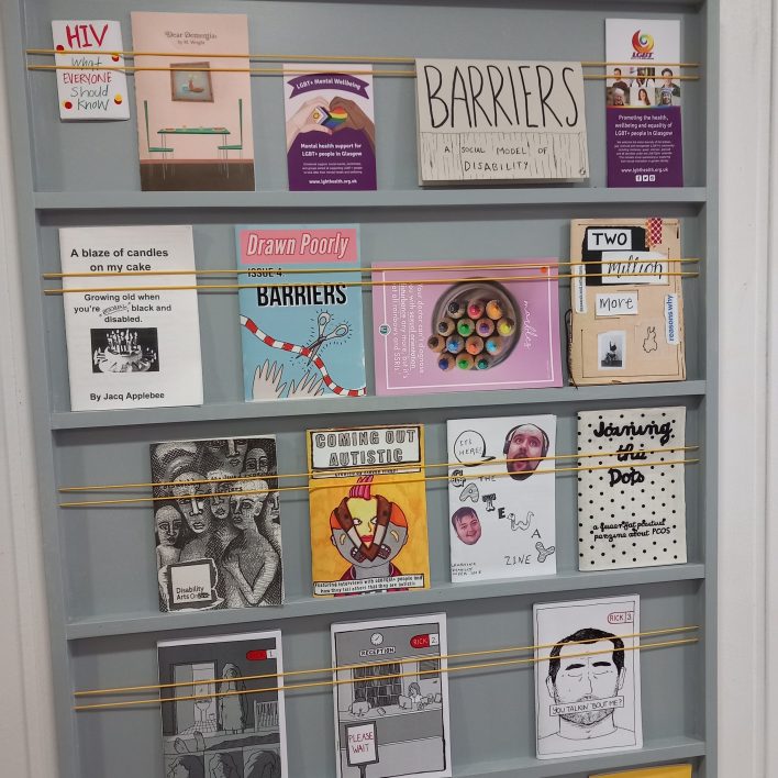 Barriers Collection display at the Glasgow Zine Library Barriers Collection display at the Glasgow Zine Library | Image courtesy of Glasgow Zine Library