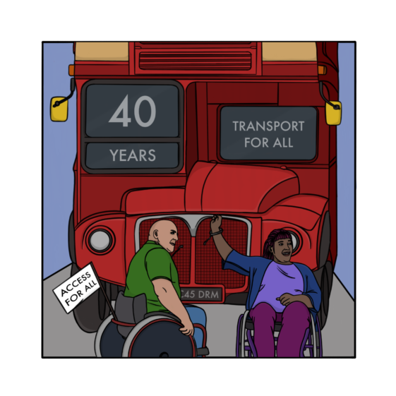 An illustration of two wheelchair users chained to a red Routemaster style bus. One of them has a sign saying “access for all”. On the bus it says “Transport for All” and “40 years”. | Image by DandyDoodles, supplied by Transport For All